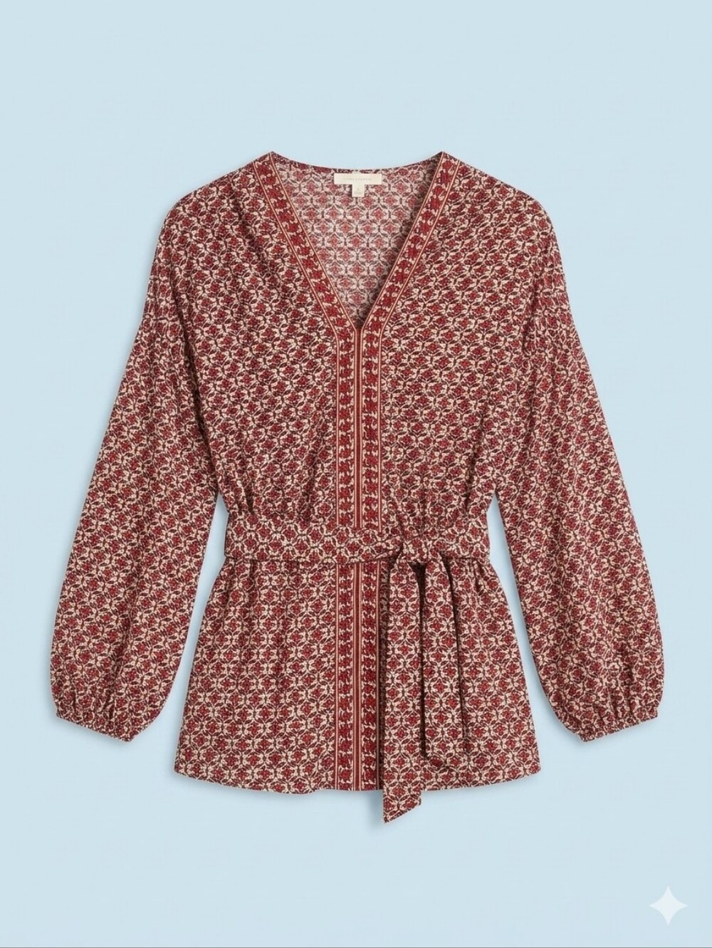 Max Studio Boho Floral V-Neck Tie-Waist Blouse – Size L